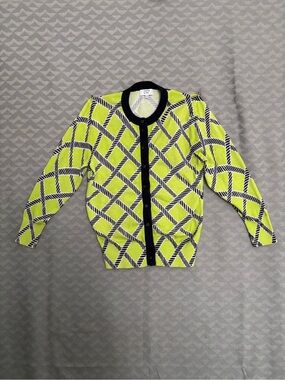 crown & ivy Neon Yellow and Navy Patterned Button-Up Cotton Blend Sweater XS